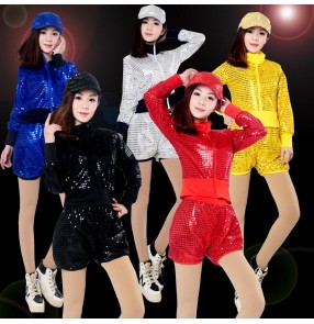 Gold yellow silver black red royal blue sequins women's girls performance modern dance jazz hip hop dance costume outfits